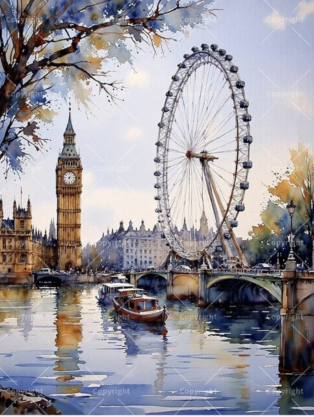 London River Scene Paint by Numbers Kit for Adults - DIY Big Ben and London Eye